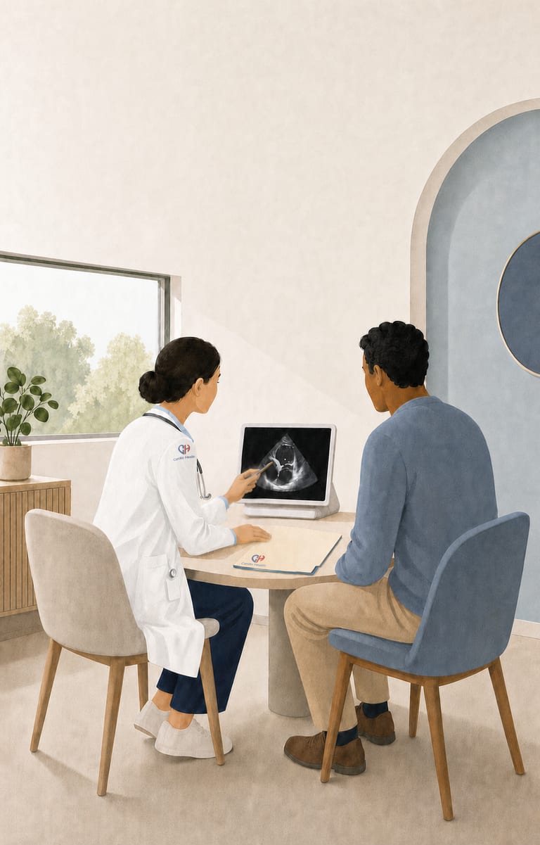 A physician reviewing cardiac imaging with a patient